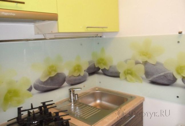 Скинали для кухни фото: орхидеи на светлых камнях., заказ #SN-156, Желтая кухня. Изображение 111356