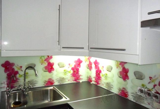 Фартук для кухни фото: орхидеи на воде., заказ #S-1310, Белая кухня. Изображение 111302