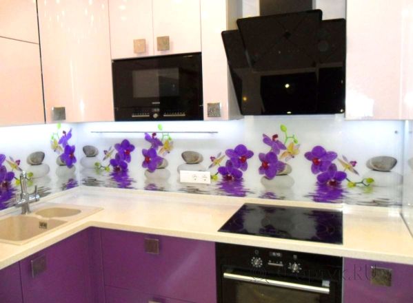Фартук фото: орхидеи на воде, заказ #SN-46, Фиолетовая кухня.