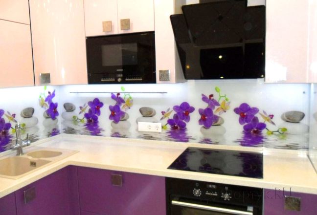 Фартук фото: орхидеи на воде, заказ #SN-46, Фиолетовая кухня. Изображение 111302