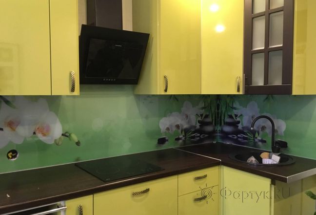 Скинали для кухни фото: орхидеи на зеленом фоне, заказ #КРУТ-1200, Желтая кухня. Изображение 201072