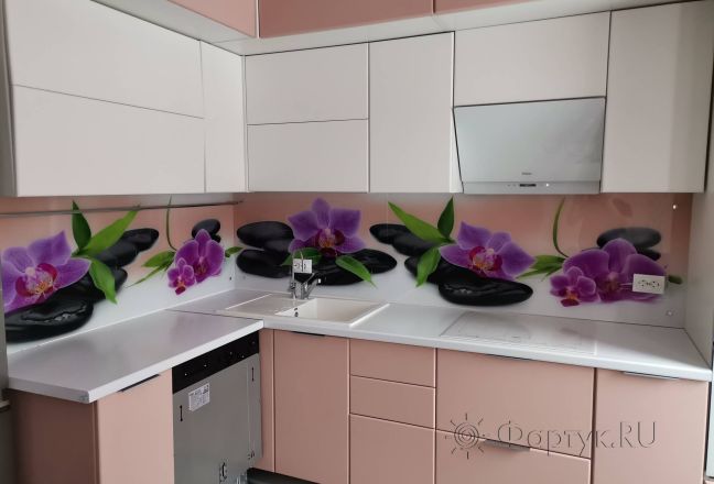 Фартук стекло фото: орхидеи с камнями, заказ #ИНУТ-11731, Оранжевая кухня. Изображение 87354