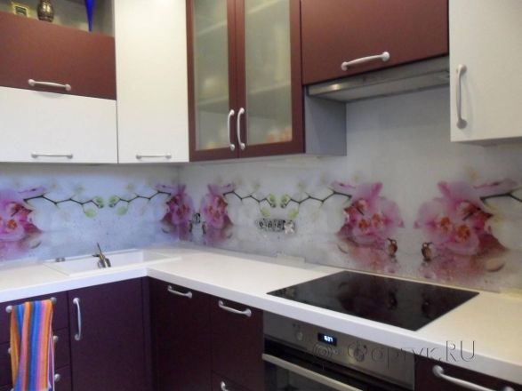 Фартук фото: орхидеи в брызгах воды., заказ #S-588, Фиолетовая кухня.