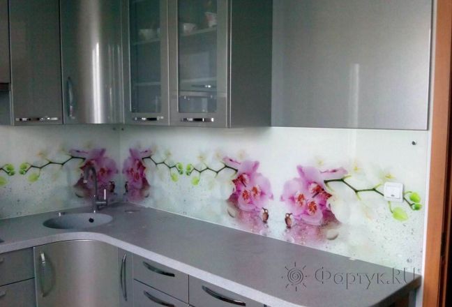 Стеновая панель фото: орхидей в капельках воды., заказ #S-408, Серая кухня. Изображение 111312