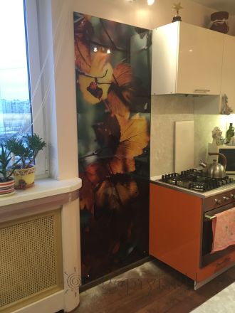 Фартук стекло фото: осень, листья, заказ #КРУТ-619, Оранжевая кухня.