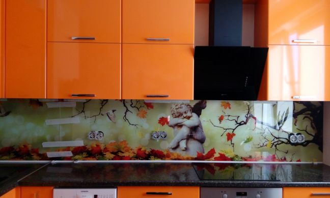 Фартук стекло фото: осенние листья, заказ #УТ-2200, Оранжевая кухня.