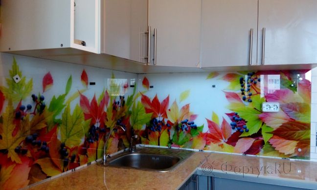 Стеновая панель фото: осенние листья, заказ #УТ-2207, Серая кухня.