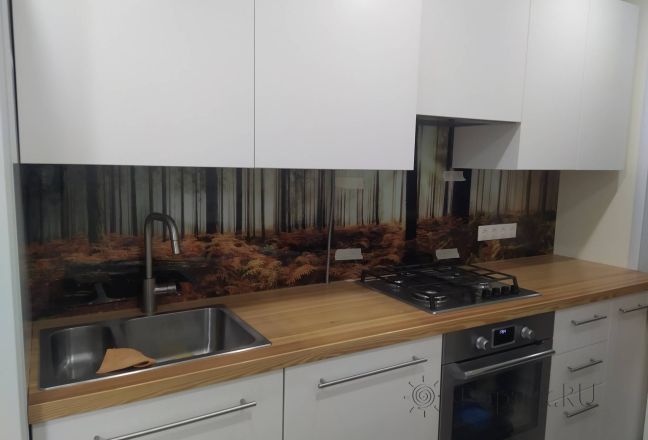 Фартук для кухни фото: осенний лес, заказ #ИНУТ-10851, Белая кухня.