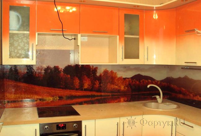 Фартук стекло фото: осенний пейзаж , заказ #НК-1009, Оранжевая кухня.