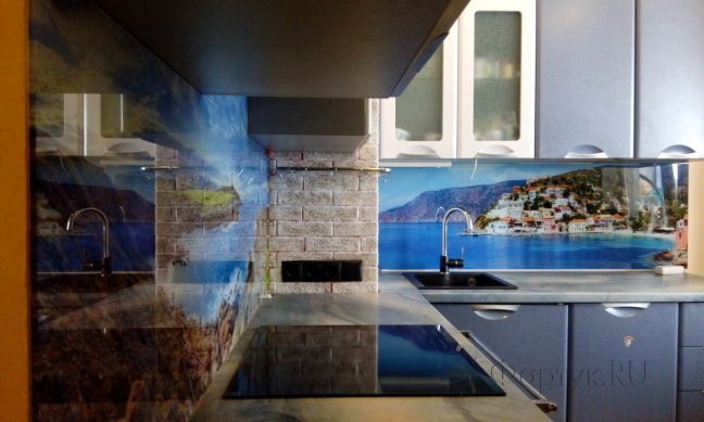 Стеклянная фото панель: остров кефалония, заказ #ГМУТ-163, Синяя кухня.