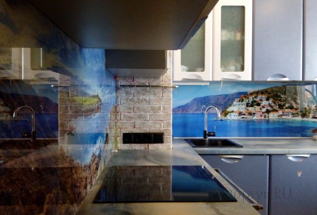 Стеклянная фото панель: остров кефалония, заказ #ГМУТ-163, Синяя кухня. Изображение 181586