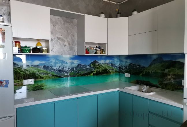 Стеклянная фото панель: озера у подножья гор, заказ #ИНУТ-12172, Синяя кухня.