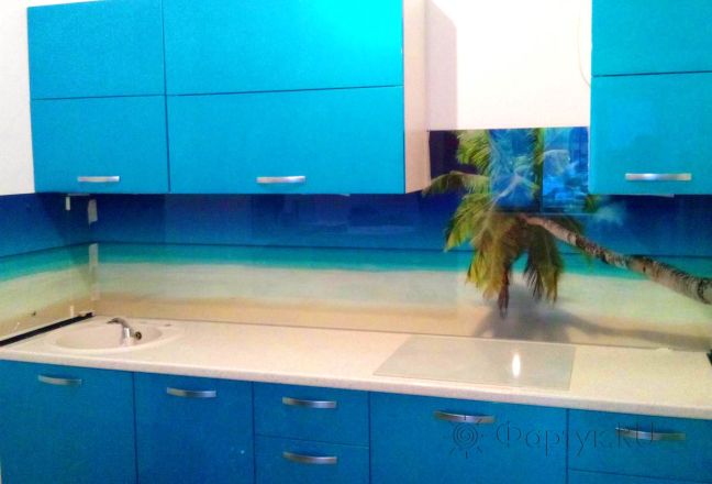 Стеклянная фото панель: пальма и пляж., заказ #S-1019, Синяя кухня. Изображение 111614