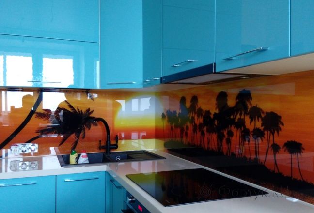 Стеклянная фото панель: пальмы, заказ #УТ-2257, Синяя кухня.