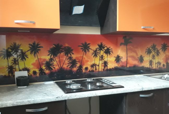 Фартук стекло фото: пальмы, заказ #ИНУТ-1873, Оранжевая кухня.