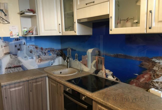 Фартук с фотопечатью фото: панорама деревни ия на острове санторини, греция, заказ #КРУТ-2749, Коричневая кухня. Изображение 335148