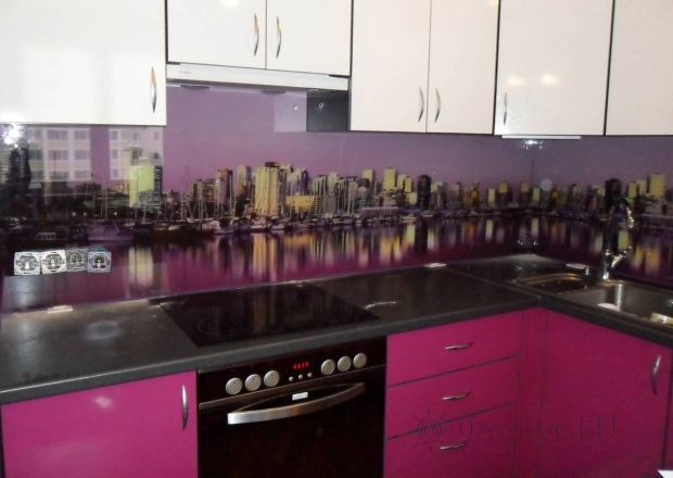 Фартук фото: панорама городского пейзажа , заказ #S-1116, Фиолетовая кухня.