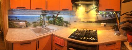 Фартук стекло фото: панорама пляжа., заказ #SN-143, Оранжевая кухня.