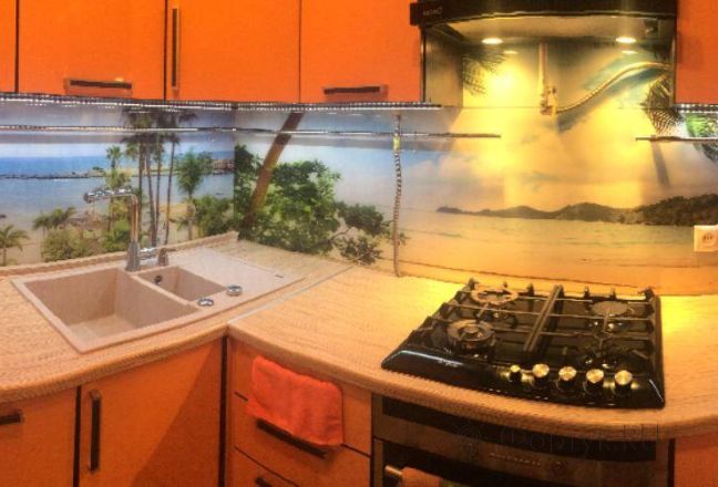 Фартук стекло фото: панорама пляжа., заказ #SN-143, Оранжевая кухня.