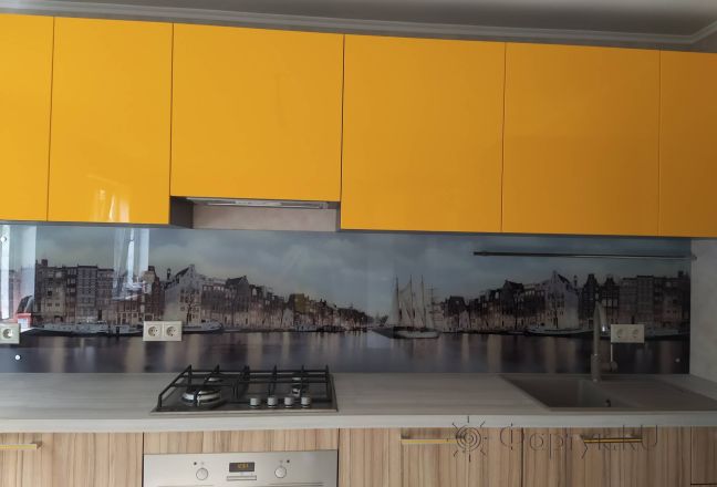 Фартук стекло фото: панорамный живописный город в сумерках в амстердаме нидерланды, заказ #ИНУТ-10105, Оранжевая кухня.