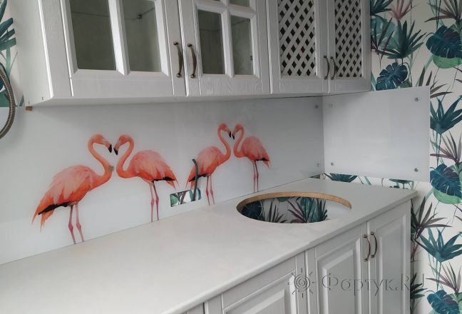 Фартук для кухни фото: пара фламинго, заказ #ИНУТ-10350, Белая кухня. Изображение 113402