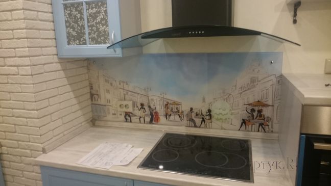 Стеклянная фото панель: париж и акварель, заказ #УТ-1353, Синяя кухня.