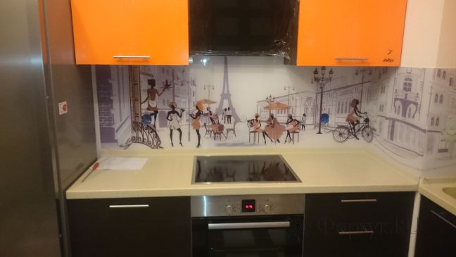 Фартук стекло фото: парижские улочки, заказ #КРУТ-367, Оранжевая кухня.
