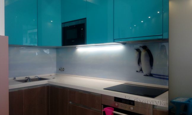 Стеклянная фото панель: пингвины, заказ #ИНУТ-1297, Синяя кухня.