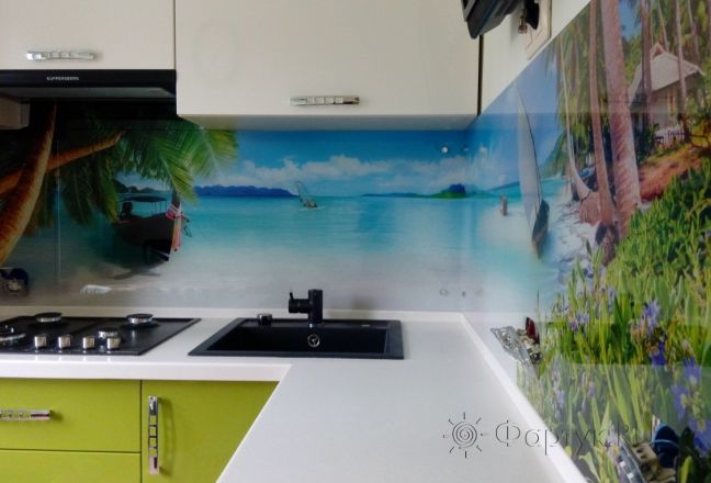 Скинали для кухни фото: пляж, берег с голубым небом, заказ #ГМУТ-036, Зеленая кухня. Изображение 111428