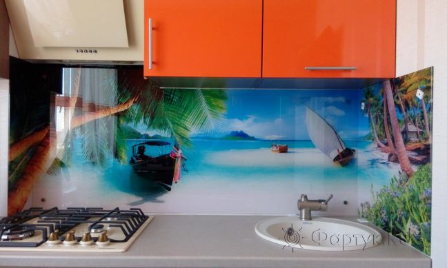 Фартук стекло фото: пляж, берег с голубым небом, заказ #ГМУТ-094, Оранжевая кухня.