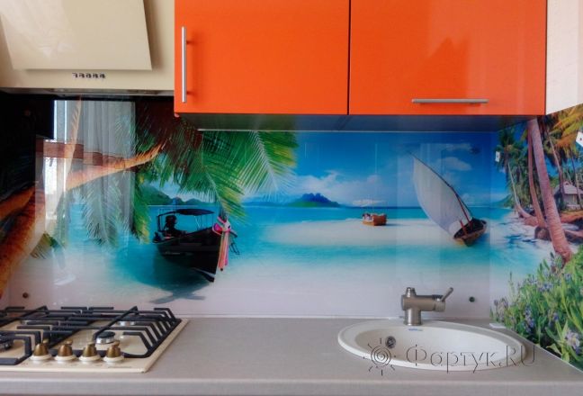 Фартук стекло фото: пляж, берег с голубым небом, заказ #ГМУТ-094, Оранжевая кухня.