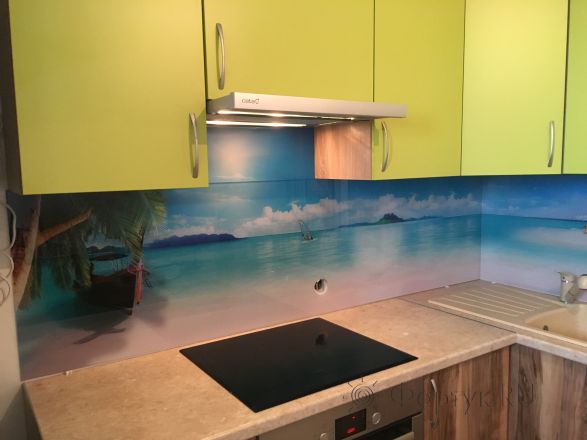Скинали для кухни фото: пляж, берег с голубым небом, заказ #КРУТ-271, Зеленая кухня.