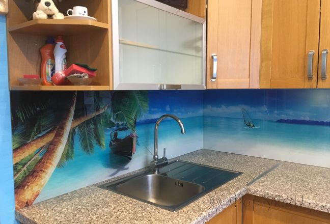 Фартук с фотопечатью фото: пляж, берег с голубым небом, заказ #КРУТ-528, Коричневая кухня. Изображение 111428