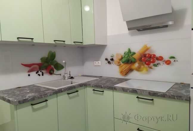 Скинали для кухни фото: помидорки черри, спагетти и острый перчик чили, заказ #ИНУТ-10556, Зеленая кухня.