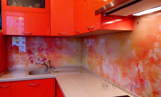 Фартук стекло фото: порхающие бабочки на желтом фоне, заказ #УТ-1338, Оранжевая кухня.