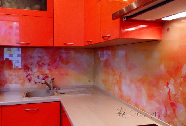 Фартук стекло фото: порхающие бабочки на желтом фоне, заказ #УТ-1338, Оранжевая кухня. Изображение 110424