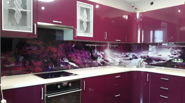 Фартук фото: природный пейзаж, заказ #ИНУТ-1230, Фиолетовая кухня.