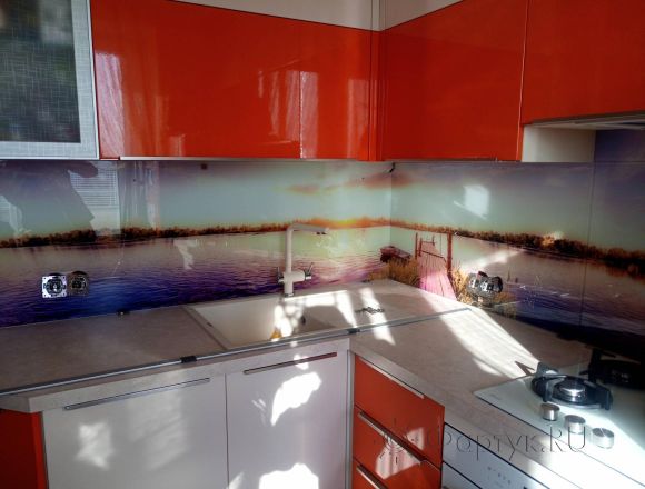 Фартук стекло фото: природный пейзаж, заказ #ИНУТ-4476, Оранжевая кухня.