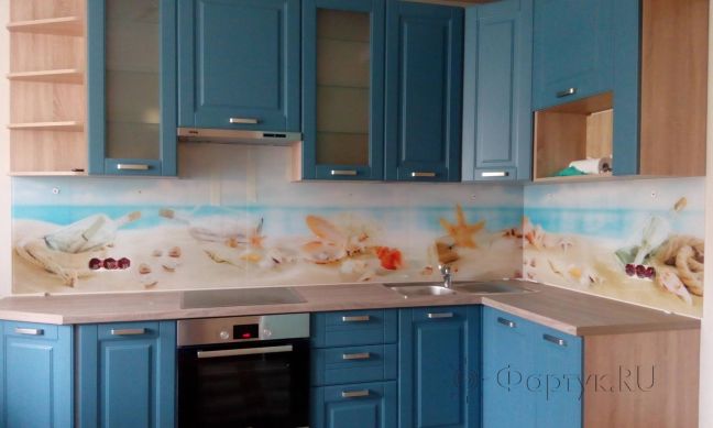 Стеклянная фото панель: ракушки на морском берегу, заказ #ИНУТ-348, Синяя кухня.