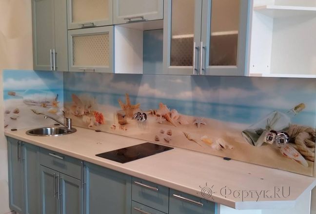 Стеклянная фото панель: ракушки на песке, заказ #ИНУТ-5721, Синяя кухня. Изображение 208424