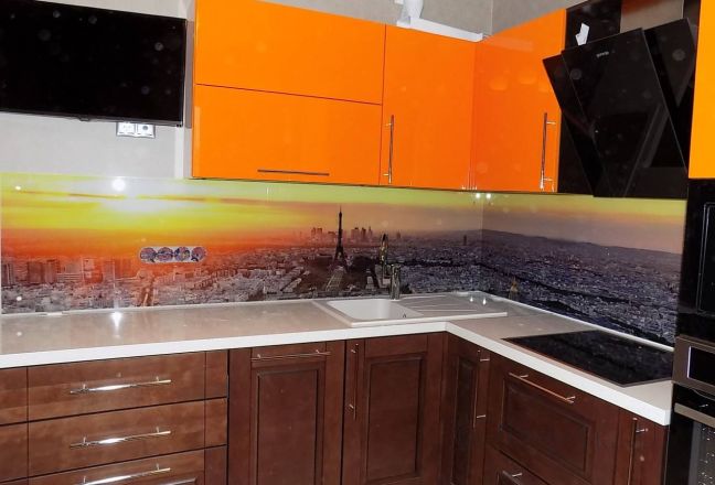 Фартук стекло фото: рассвет в париже, заказ #УТ-360, Оранжевая кухня. Изображение 80238