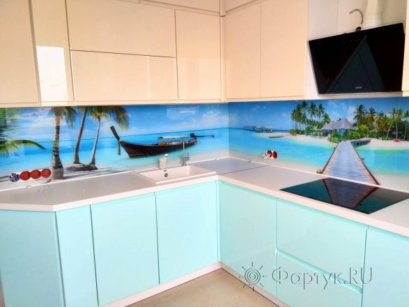 Стеклянная фото панель: райский остров, заказ #ИНУТ-1896, Синяя кухня.