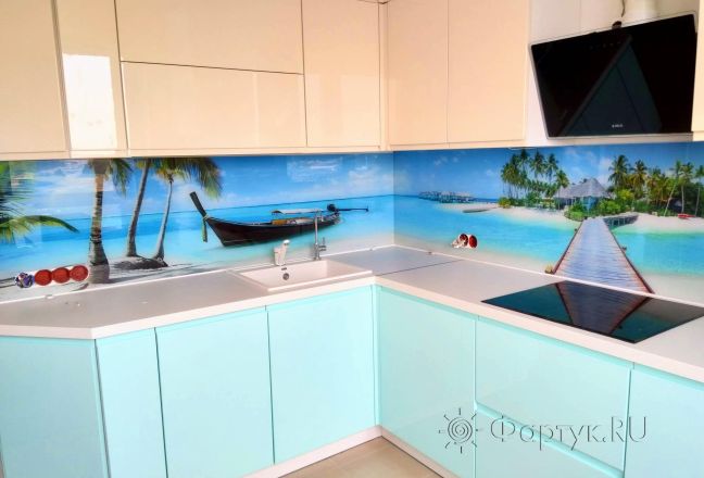 Стеклянная фото панель: райский остров, заказ #ИНУТ-1896, Синяя кухня.