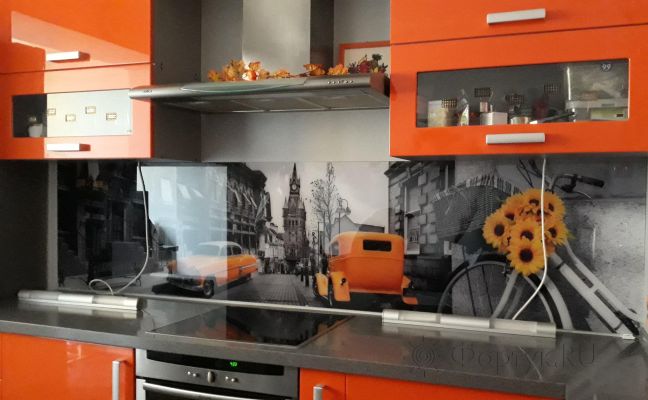 Фартук стекло фото: ретро-коллаж, заказ #ИНУТ-1824, Оранжевая кухня.