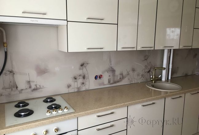 Фартук для кухни фото: рисованная мельница, заказ #КРУТ-1609, Белая кухня.