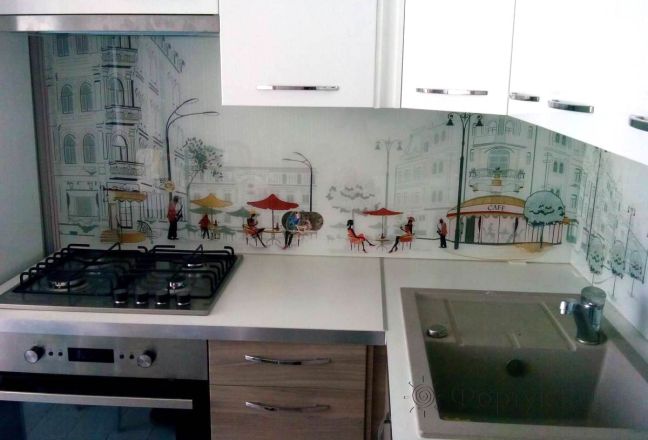 Фартук для кухни фото: рисованное уютное кафе., заказ #S-599, Белая кухня. Изображение 110830
