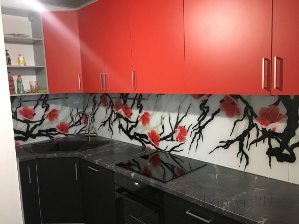 Скинали фото: рисованные цветущие ветки, заказ #КРУТ-2392, Красная кухня.