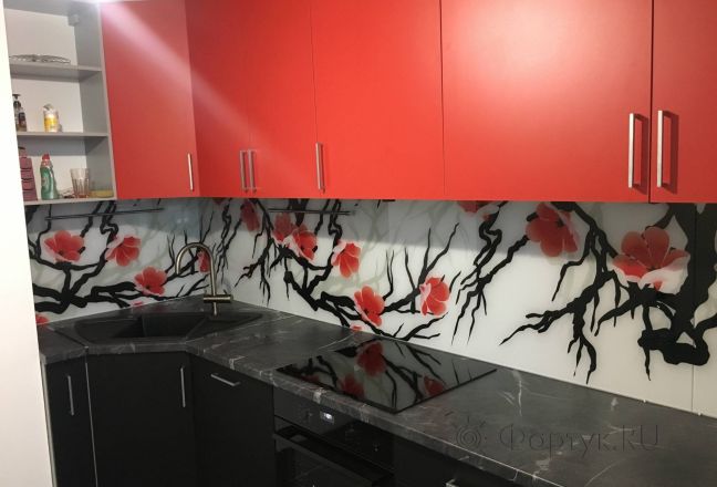 Скинали фото: рисованные цветущие ветки, заказ #КРУТ-2392, Красная кухня. Изображение 180882