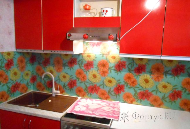 Скинали фото: рисованные цветы., заказ #SK-1216, Красная кухня.