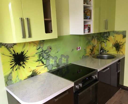Скинали для кухни фото: рисованные цветы, заказ #КРУТ-1571, Желтая кухня.